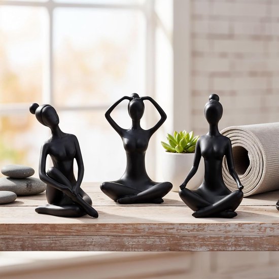 Yoga Decoratie Set - Meditatie Beeldjes - Huiselijke Sfeer - Set van Drie - 7x4x10cm - Zwart
