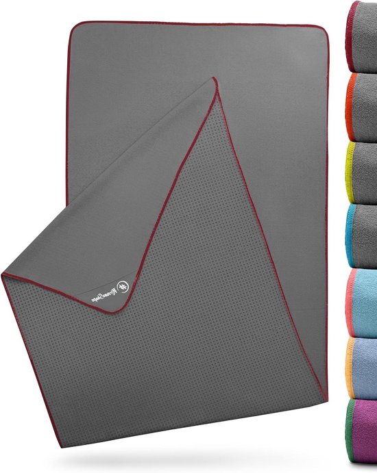 Yoga Handdoek - Mat Doek - Hygiënisch Sporten - Antislip Noppen - 185 x 63 cm - Grijs / Magenta