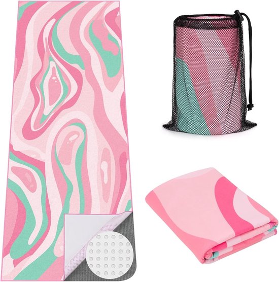 Yoga Handdoek met Grote Hoekzakken, Antislip Microfiber Matbedekking voor Hot Yoga, Pilates en Fitness, 178 x 66 cm, Roze, Ideaal voor Zweet en Comfort