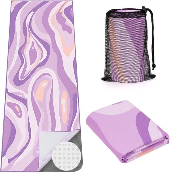 Yoga Handdoek met Grote Hoekzakken, Antislip Microfiber Matbedekking voor Hot Yoga, Pilates en Fitness, 188 x 66 cm, Paars, Ideaal voor Zweetbestendigheid en Comfort