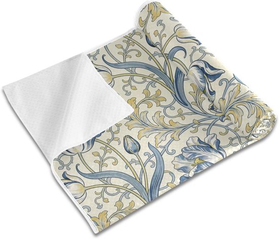 Yoga Handdoek - Microvezel Deken - Sport Oefeningen - Antislip Rubberen Onderkant - 185 x 69 cm - Vintage Blauwe Tulpen