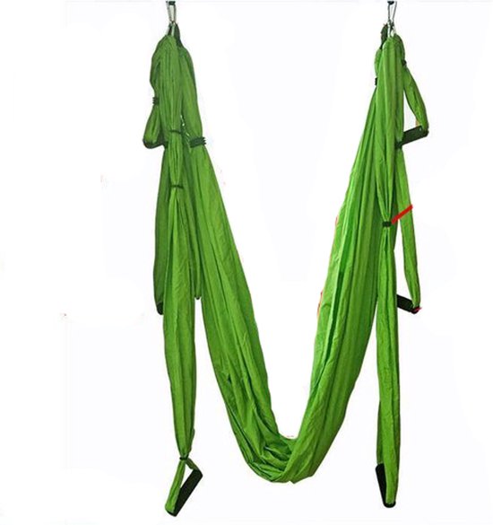 Yoga hangmat - Groen - Aerial Yoga swing - Compleet systeem met 3 sets handgrepen - tot 300kg van Merkloos