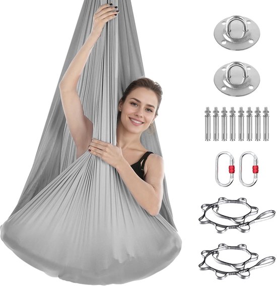 Yoga Hangmat Set – Volwassenen – Grijs – Polyester – 5M x 2,8M – Inclusief Karabijnhaken, Daisy Chain & Bevestigingsplaten – 300KG Draagkracht – Anti-Zwaartekracht & Inversie Oefeningen van Merkloos