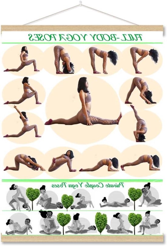 Yoga Houdingen Poster - Fitness Grafiek - Thuis Oefenen - Linnen Canvas Print - 53 x 40 cm - Multicolor
