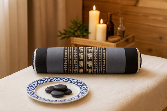 Yoga Knierolkussen – Thaise Bolster van Kapok – Voor Meditatie en Ontspanning – Grijs/Zwart Design van Merkloos