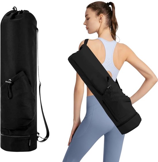 Yoga Mat Bag met Verstelbare Schouderriem - Grote Waterproof Yoga Bag met Natvak en Flescompartiment voor Yoga Matten en Yoga Accessoires - Zwart van Merkloos