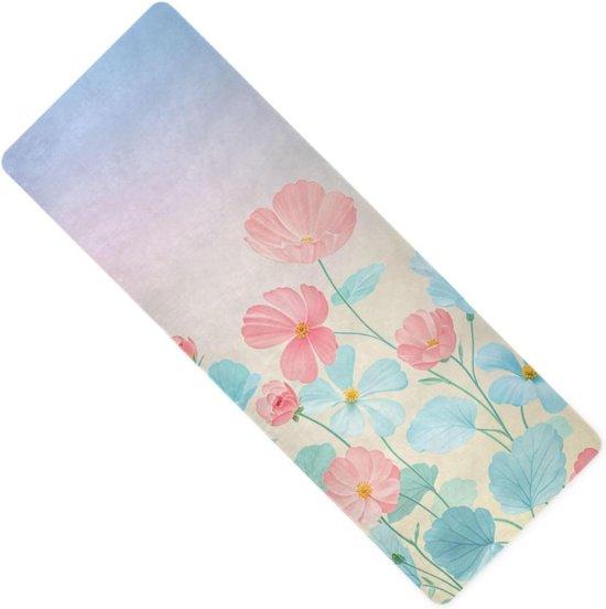 Yoga Mat - Fitness Mat - Hot Yoga - Antislip Natuurlijk Rubber - 71x26 Inch - Blauw Roze Bloemen