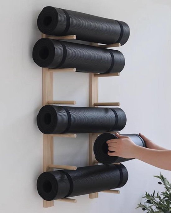 Yoga Mat Houder Gym Organizer Yoga Mat Opbergrek Hout, 6 Secties Muurbevestiging Yoga Kamer Accessoire Houder, Yoga Matten Foam Roller Planken met Bevestigingsmateriaal
