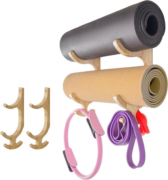 Yoga Mat Houder - Houten Opberger - Fitness Uitoefenen - Multifunctioneel met Haken - 41 x 25 cm - Houtkleur
