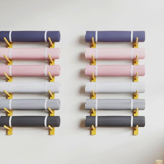 Yoga Mat Houder - Muurrek Opbergrek - Sportspullen Organiseren - Ruimtebesparend Wandmodel - Tot 3 Matten - Houtkleur