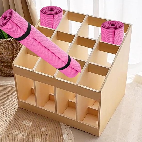 Yoga Mat Houder - Opbergrek Matten - Home Gym Organiseren - Stabiele Houten Constructie - 45x34x42 cm - Houtkleur