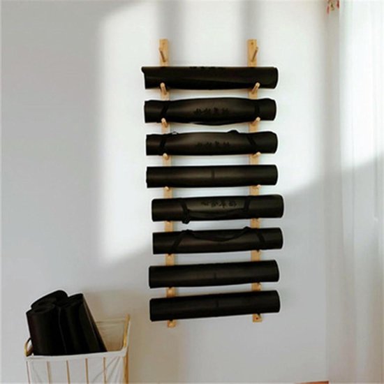 Yoga Mat Houder Yogamat-opberger, 9-laags houten schuimroller, yogamatten, handdoekhouder, aan de muur te bevestigen yogamathouder, sportorganizer Yoga Mat Opbergstandaard