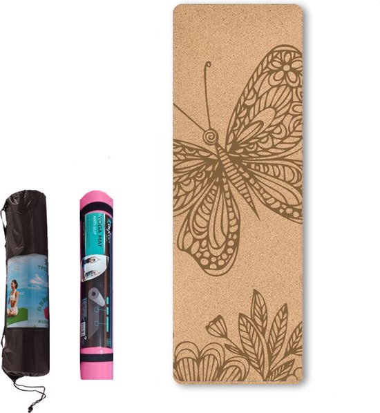 Yoga mat - Natuurlijk kurk en TPE - vrij van schadelijke stoffen, hypoallergeen en 100% (biologisch) afbreekbaar - zeer geschikt voor Yin Yoga en Kundalini Yoga met draagtas en draagband- 183x66x0,5 cm - butterfly van Merkloos
