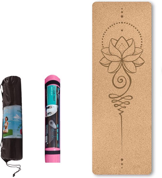 Yoga mat - Natuurlijk kurk en TPE - vrij van schadelijke stoffen, hypoallergeen en 100% (biologisch) afbreekbaar - zeer geschikt voor Yin Yoga en Kundalini Yoga met draagtas en draagband- 183x66x0,5 cm - lotus van Merkloos