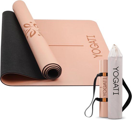 Yoga Mat - Natuurrubber - Antislip met Alignementlijnen - Inclusief Draagtas en Band - Voor Dames en Heren