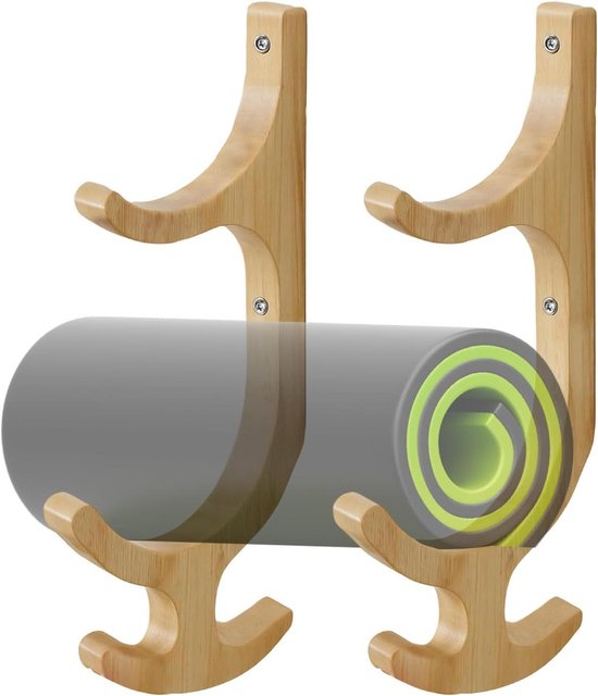 Yoga Mat Rek - Fitness Organizer - Sportspullen Opbergen - Met 4 Haken - 41x25cm - Houtkleur