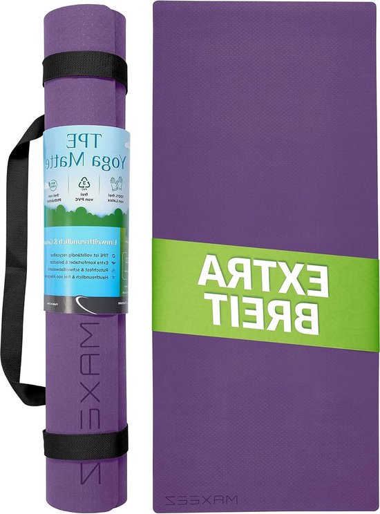Yoga mat XXL antislip fitnessmat extra breder grote gymnastiekmat voor maximaal comfort Pilates mat van milieuvriendelijk biologisch afbreekbaar TPE violet.