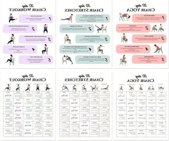 Yoga op stoel - Fitnesskaarten set - Oefeningen thuis - Beginnersvriendelijke gids - 26 x 21 cm - 6 kaarten