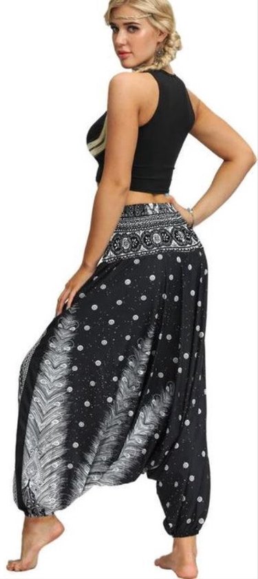 *** Yoga Pants - Loose Women High Waist - Boho Jumpsuit Harem Pants Gym - Zwart/Wit - Maat M - van Heble® *** van Heble®