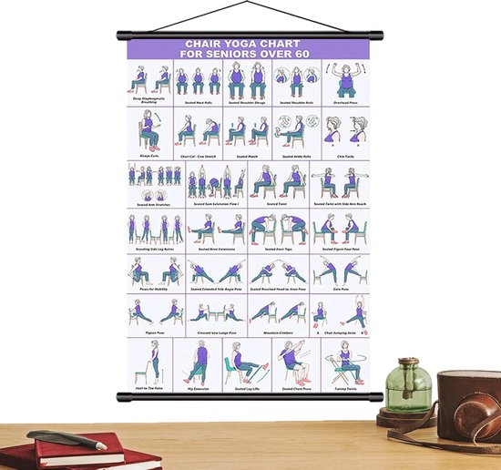 Yoga Poster Stoel - Oefeningen Senioren - Thuis Trainen - Meer Dan 30 Poses - 40 x 60 cm - Paars