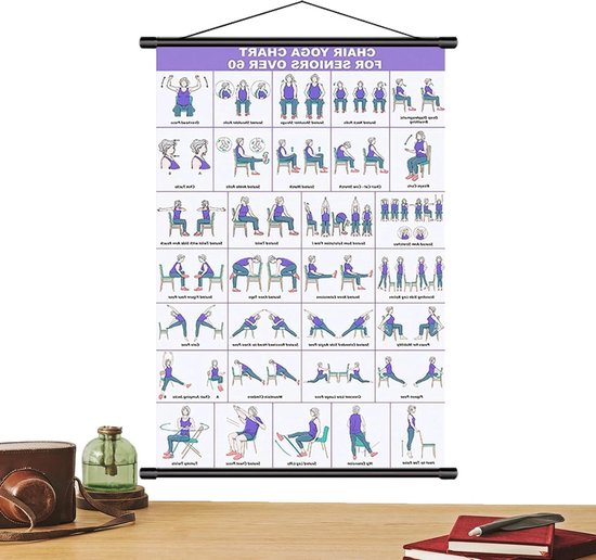 Yoga Poster Stoel - Zittende Yoga Gids - Mobiliteit Verbeteren - Meer dan 30 Poses - 40 x 60 cm
