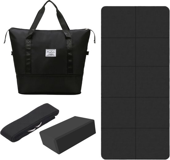 Yoga Reis Set – 4-Delige Yoga Starterset met Lichtgewicht Yogamat, Yogablok, Yogariem en Draagtas – Zwart