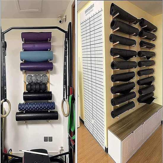 Yoga Rek - Muurbevestiging Opberger - Fitness Organisatie - Massief Houten Constructie - 6 Lagen - Naturel