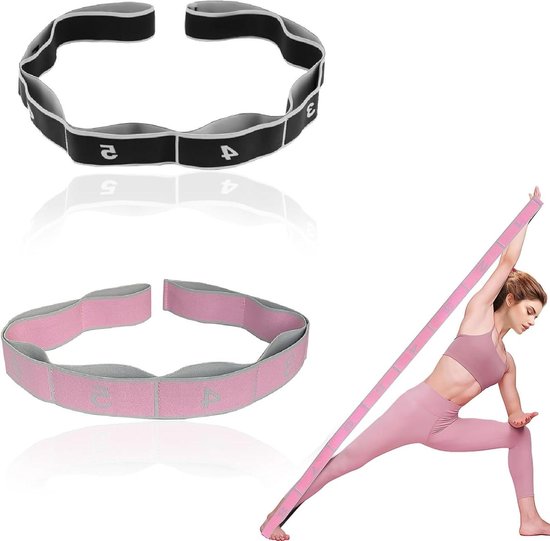Yoga Riem Set - Fitness Band Loops - Flexibiliteit Verbeteren - 8 Digitale Lussen - 90x4cm - Grijs Roze