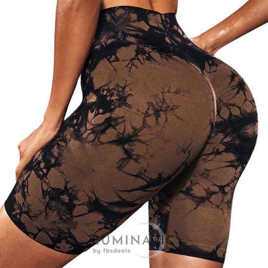 Yoga Shorts - Korte Legging - Shorts - Korte Broek Dames - Tie Dye - Shorts Dames - Sportlegging Dames - High Waist - Shapewear Dames - Sportbroek Dames - Luminatic® - Bruin - S van Merkloos