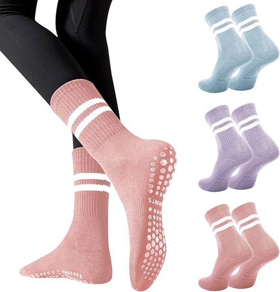 Yoga sokken, 3 paar antislip sokken voor dames, geschikt voor Pilates, ballet, dans en trampolinespringen, lichtblauw, donkerpaars en lichtroze. van Merkloos