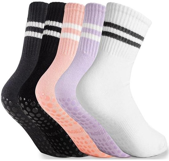 Yoga Sokken - 5 paar - Sokken - Antislip Sokken - Dames hoge - Pilates Sokken - met Grip - Sneakersokken - voor Dans en Workouts - Zwart, Wit, Grijs, Roze en Paars