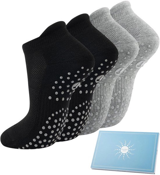 Yoga Sokken Antislip - 4 Paar Dames - Grip Sokken - Pilates Sokken - Ademend - Voetboog Ondersteuning - Zwart/Grijs