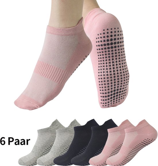 Yoga Sokken Antislip Dames - 6 Paar - maat 36-41 - Yoga Enkelsokken - pilates sokken antislip- Huissokken Dames anti slip - Voor Yoga Pilates Ballerina Ballet - Roz&Grijs&Zwart van Merkloos