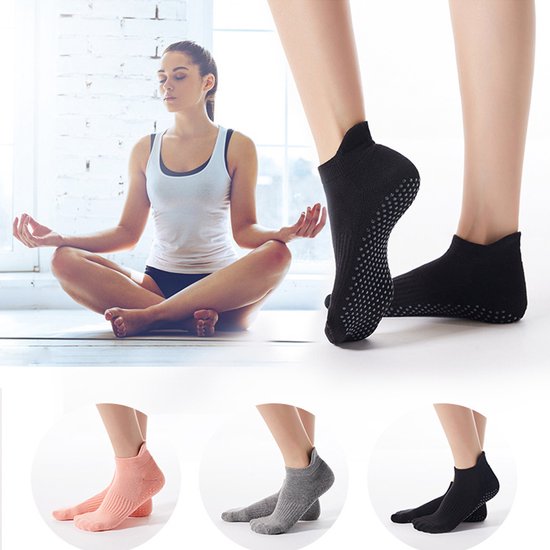 Yoga Sokken Antislip Dames Set - 3 Paar - Enkelsokken voor Pilates - Sportsokken met Extra Grip - Zwart, Grijs & Roze van Toivo