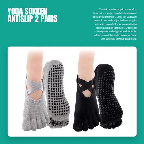 Yoga Sokken Antislip - Teensokken - Multipack 2 Paar - Katoen - One Size - Machinewasbaar - Comfortabel en Veilig