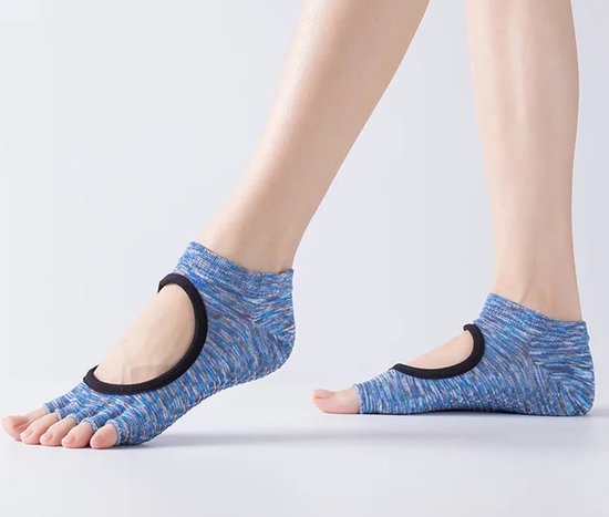 Yoga Sokken Full Open Toe | Volle Teen Yoga Sok | Met Anti Slip Onderkant | Antislip Sokken | Pilates Sokken | Maat 36-40 I Blauw Patroon van Toonfit