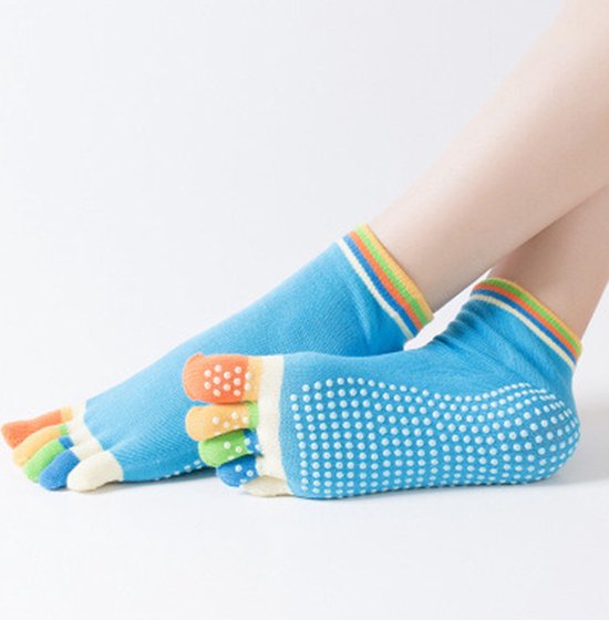 Yoga Sokken Full Toe I Volle Teen Yoga Sok I Met Anti Slip Onderkant I Antislip Sokken I Pilates Sokken I Maat 36-40 I Blauw Met Kleurrijke Tenen van Toon★ 