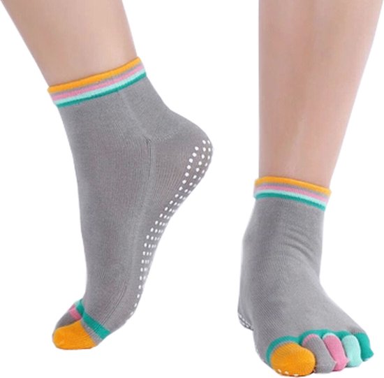 Yoga Sokken Full Toe I Volle Teen Yoga Sok I Met Anti Slip Onderkant I Antislip Sokken I Pilates Sokken I Maat 36-40 I Grijs Met Kleurrijke Tenen van ToeSox
