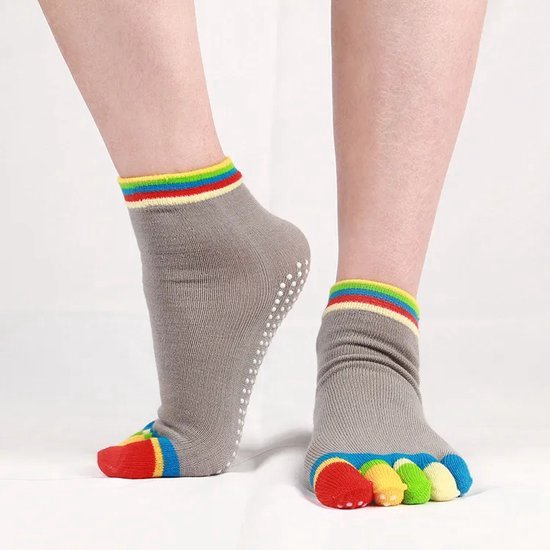 Yoga Sokken Full Toe | Volle Teen Yoga Sok | Met Anti Slip Onderkant | Antislip Sokken | Pilates Sokken | Maat 36-40 I Grijs Met Kleuren van Herqua Sports