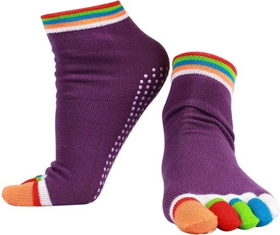 Yoga Sokken Full Toe | Volle Teen Yoga Sok | Met Anti Slip Onderkant | Antislip Sokken | Pilates Sokken | Maat 36-40 I Paars Met Kleuren van TOETOS
