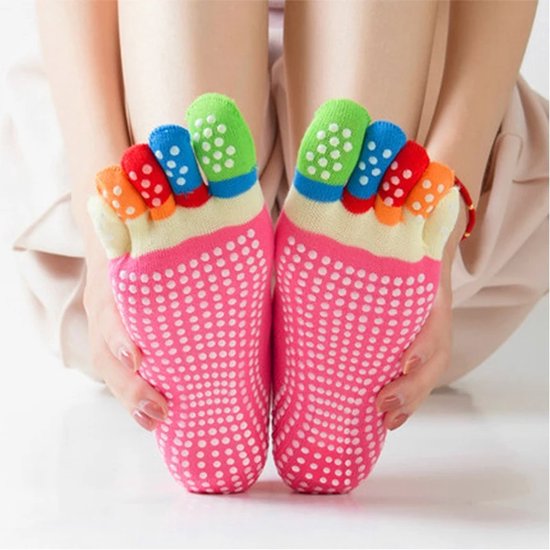 Yoga Sokken Full Toe - Volle Teen Yoga Sok - Met Anti Slip Onderkant - Antislip Sokken - Pilates Sokken - Maat 36-40 I Roze Met Kleuren van Toivo