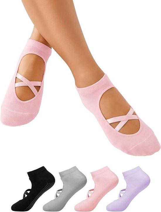 Yoga Sokken - Pilates Sokken - 4 Pack - Sportsokken - Gripsokken Pilates Yogasokken - Ballerina Pilatessokken Grip - Ballerinas van Merkloos