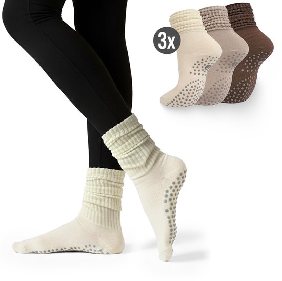 Yoga Sokken Set van 3 - Zwart, Bruin, Beige - Antislip - Hoog - Laag te Dragen - One Size - Pilates - Fitness Sokken van Toonity