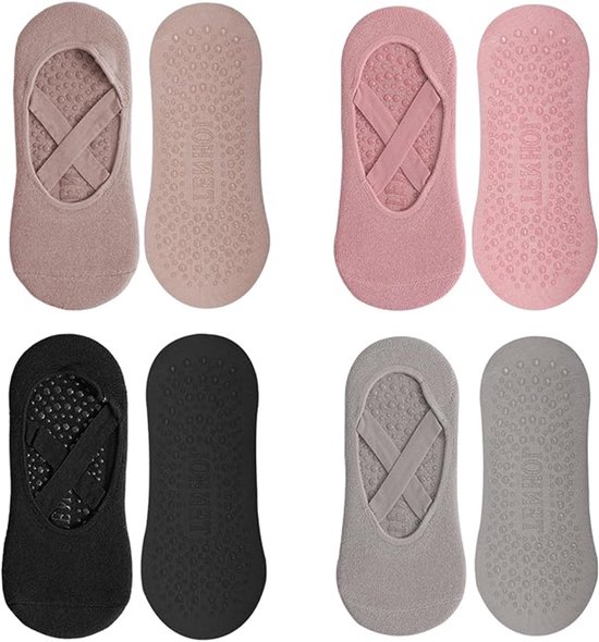 Yoga Sokken - voor dames - 4 paar - Antislip Katoenen Sokken - Grip - Pilates Sokken - met riemen - Sneakersokken - voor Dans en Workouts - eenheidsmaat