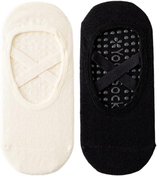 Yoga Sokken voor Dames - Antislip Sport Sokken met Kruisband voor Yoga, Dans en Fitness - One Size, Zwart en Wit