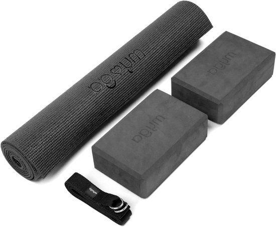 Yoga Starter Set - Mat Blok Riem - Balans Vinden - Antislip Grip - 173 cm Mat - Zwart
