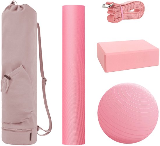 Yoga Starterset 5-Delig - Yogamat, Yogablok, Yogariem, Pilates Bal en Opbergtas - Roze Yoga Set voor Beginners