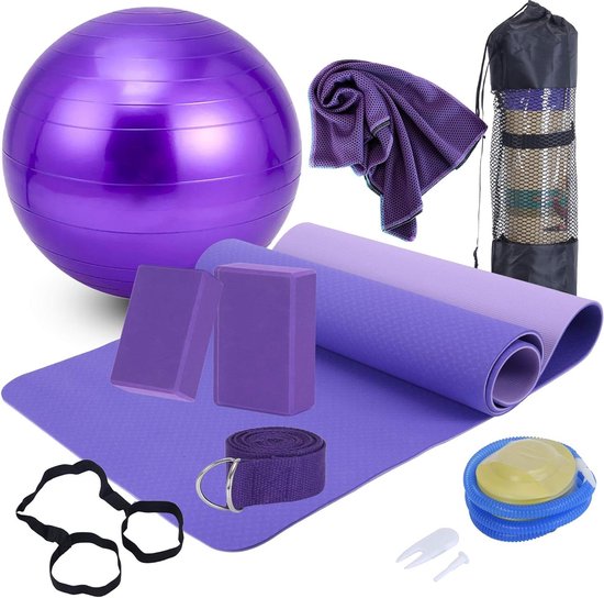 Yoga Starterset Beginners - Yogamat Set - Thuis Trainen - 11-delige Compleet - 6 mm Dik - Paars