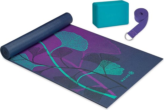Yoga-starterset voor beginners - lichte 4 mm dikke bedrukte antislip oefenmat voor dagelijkse yoga - inclusief 6ft yogariem en yogasteen - comfortabele yoga-uitrusting