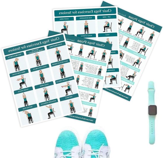 Yoga Stoel Grafiek - Workout Poster Set - Thuis Fitness - Geïllustreerde Oefeningen - 4 stuks - Groen